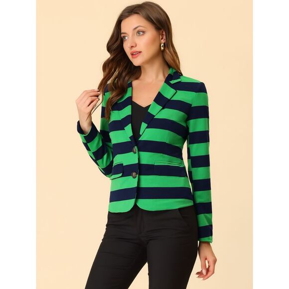 Notched Lapel Pocket Button Closure Striped Blazer Green Navy - Picture 2 of 6